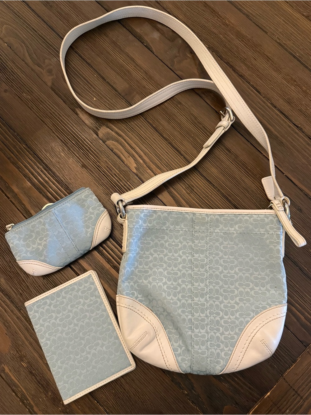 Coach Light Blue and Cream Signature Crossbody